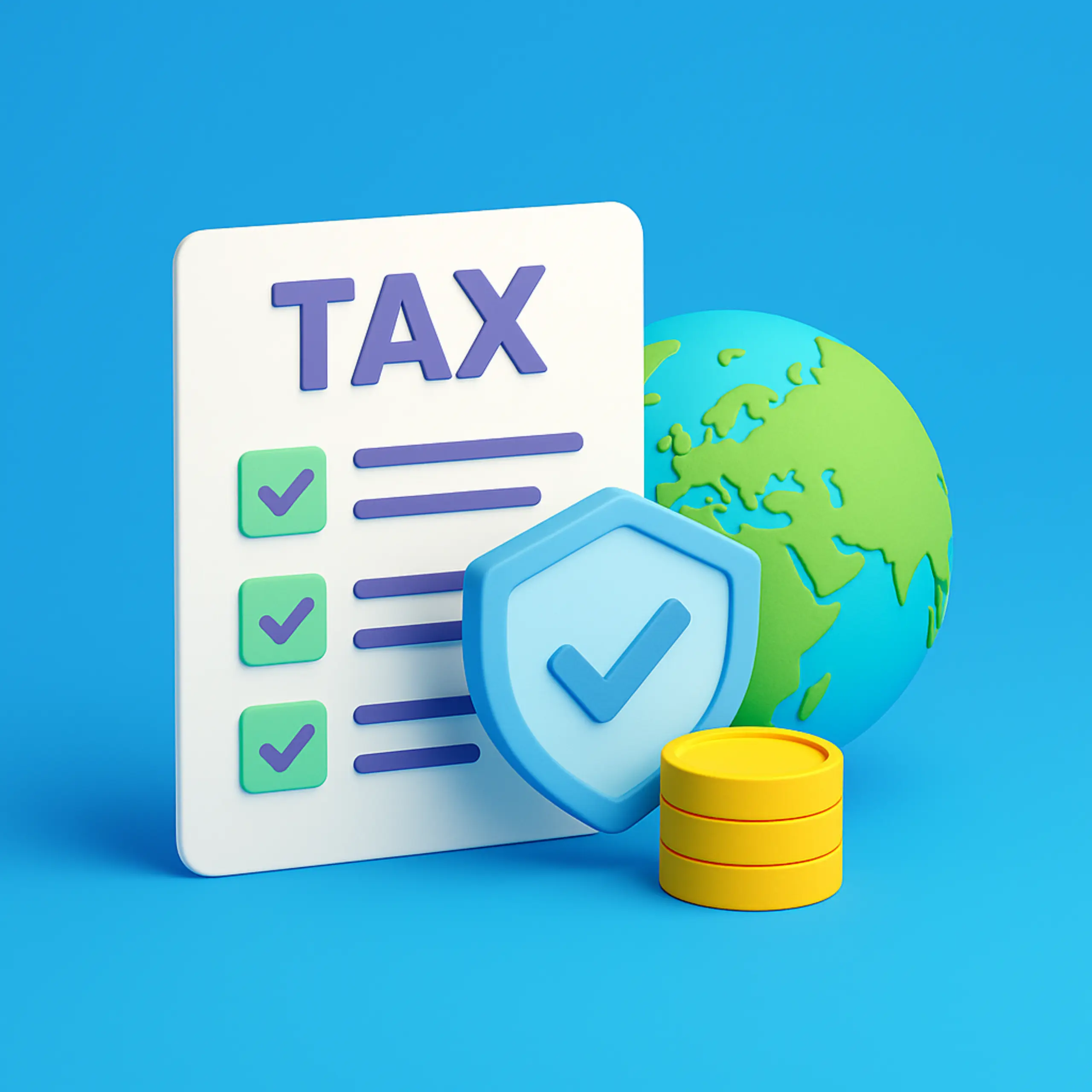 Illustration 3D d'un concept de conformité fiscale, comprenant un document fiscal blanc avec des coches, un globe centré sur l'Afrique, l'Europe et le Moyen-Orient, une pile de pièces d'or et un arrière-plan bleu vif.
